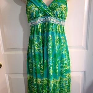 Barley worn green and yellow flattering going out dress